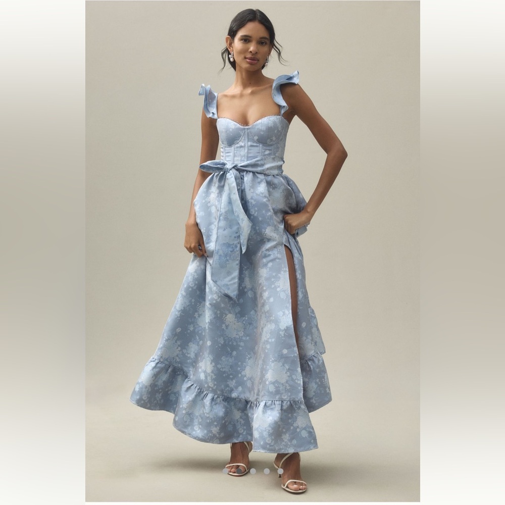 V. Chapman Veronica Corset Ruffle Side-Slit Dress in Denim Medium Blue